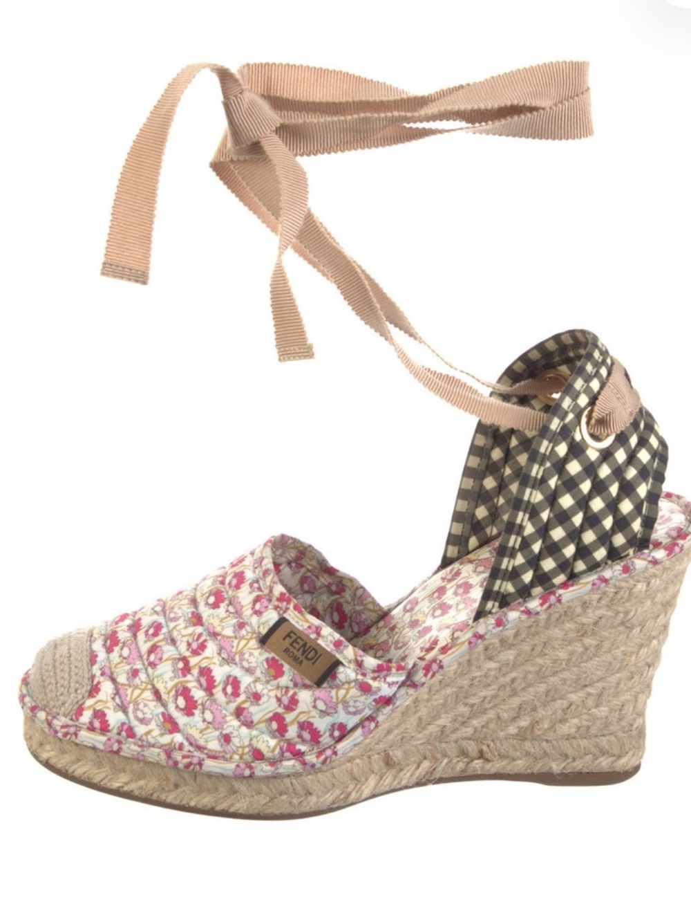 Fendi Pink Floral Espadrille Wedge Sandals with Check Ankle Detail